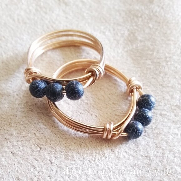 Black Dragonvein Agate Beaded Handmade Rings. Slim, Sexy, Edgy! Copper or Brass - Picture 7 of 9